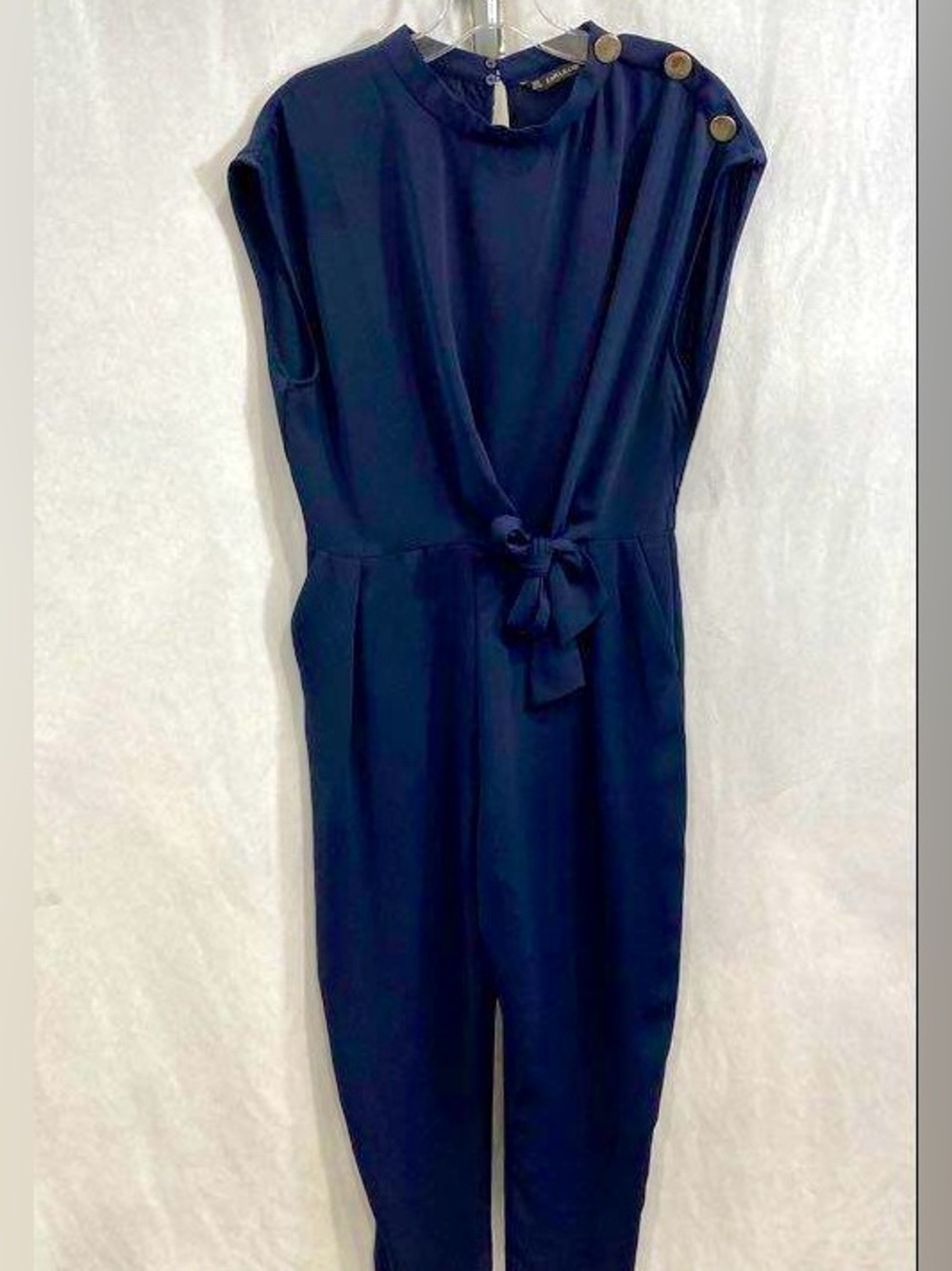 Zara Sleeveless Navy Tie-Waist Tapered Jumpsuit  Sz Medium